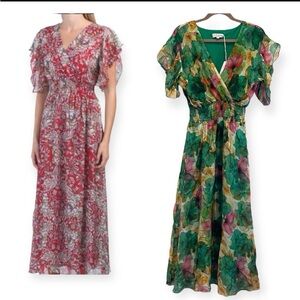 *NEW* LE RAGAZZE Silk Blend Floral Flutter Sleeve Maxi Dress Medium NWT